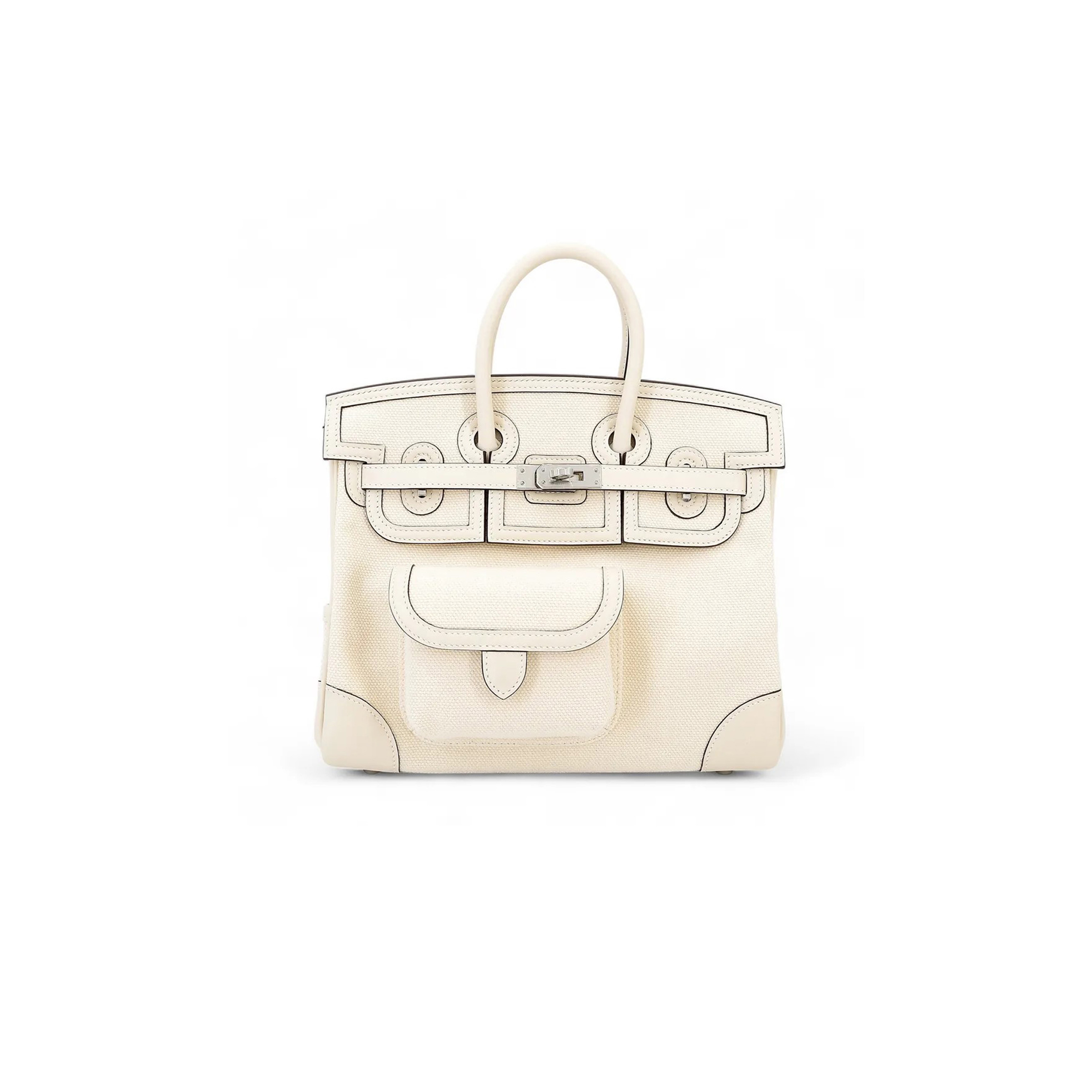 HERMES MASTER BIRKIN 25 CREAM WHITE LEATHER CANVAS SILVER BUCKLE 1305777953 (25*20*13cm)